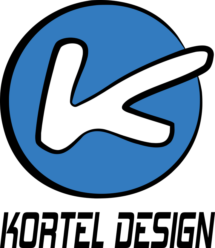 Blue Logo design with K in the middle of a circle and Kortel Design wording at the bottom
